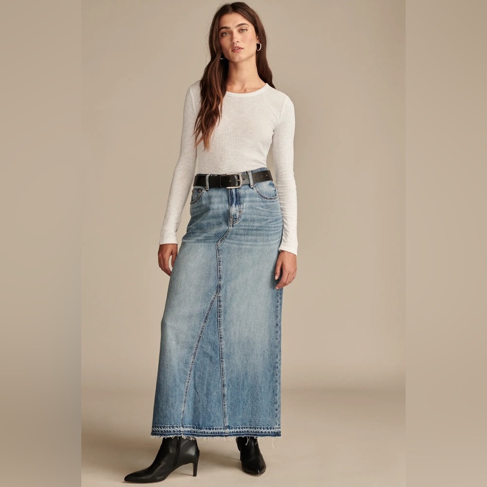 Lucky Brand Denim Maxi Skirt Size 24 Raw Hem Asymmetrical New